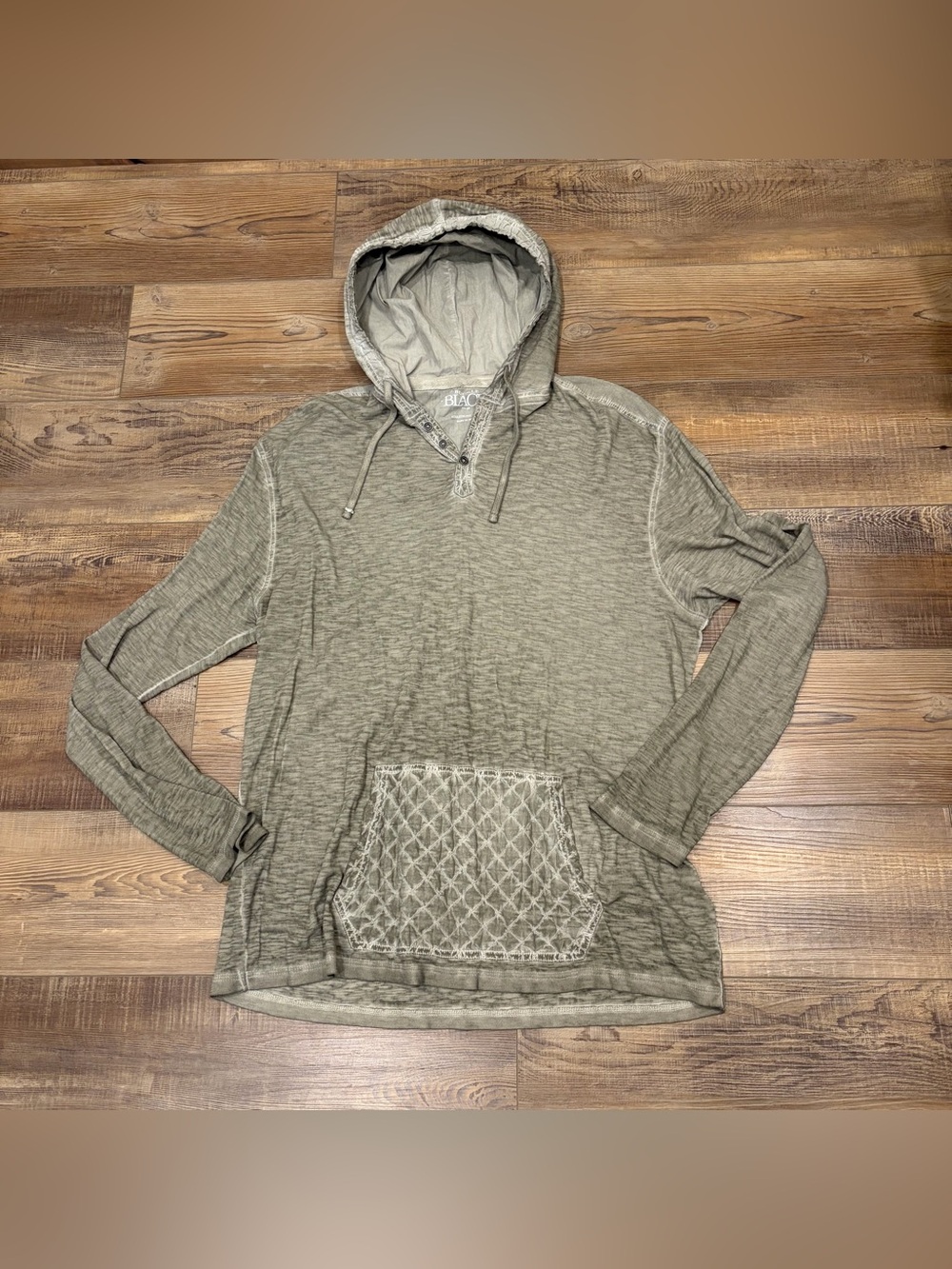 Buckle Olive Green Hooded Long Sleeve Henley Pullover XL 100% cotton burnout